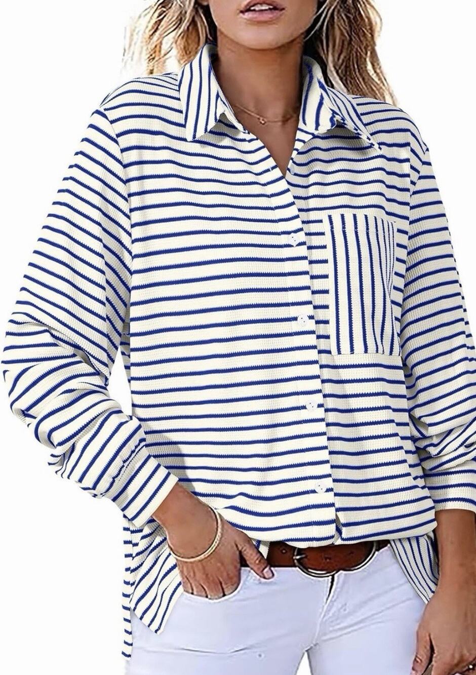 Astylish Women's Oversized Striped Button Down Shirt Navy/ White Small
